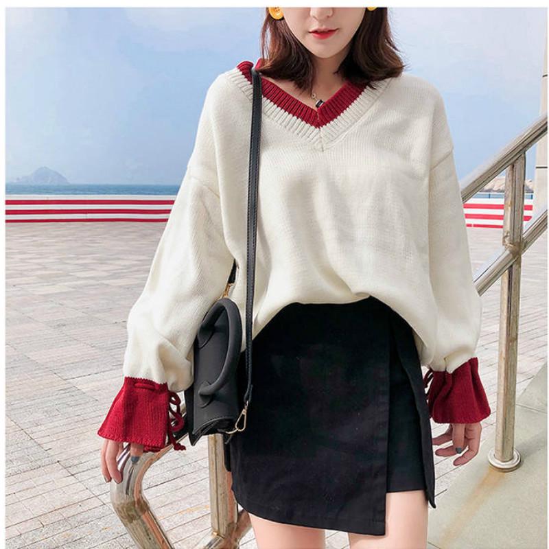 Pofulove Pullover Sweater V-neck Flared Sleeve Loose Autumn Winter Sweet Korean Knitting Sweater