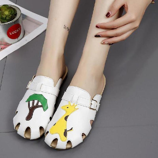 Flat Soft Leather Half Slippers Women Casual All-match Hollow Sandals and Slippers Baotou Breathable Sandals Home Casual Slippers