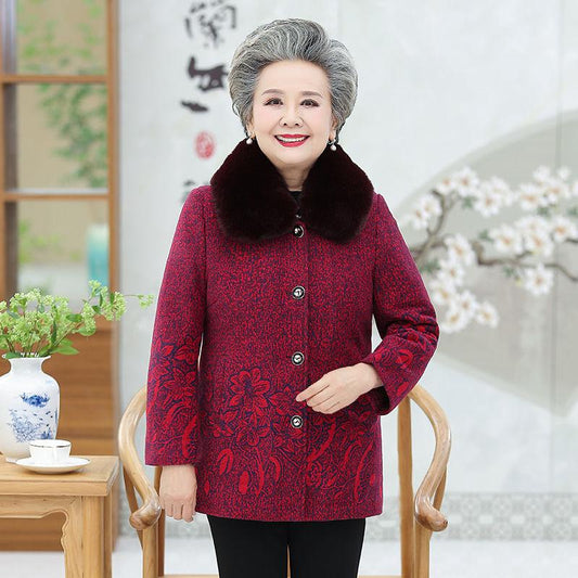 Autumn Winter Clothing Outer Plus Velvet Thick Woolen Clothes Middle-aged and Elderly Cotton-padded Clothes Women