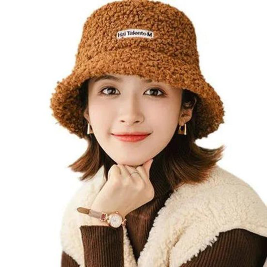 Women's Lamb Cashmere Hat Outdoor Warm Bucket Hat Solid Fluffy Fishing Cap Women Winter Fisherman Hat