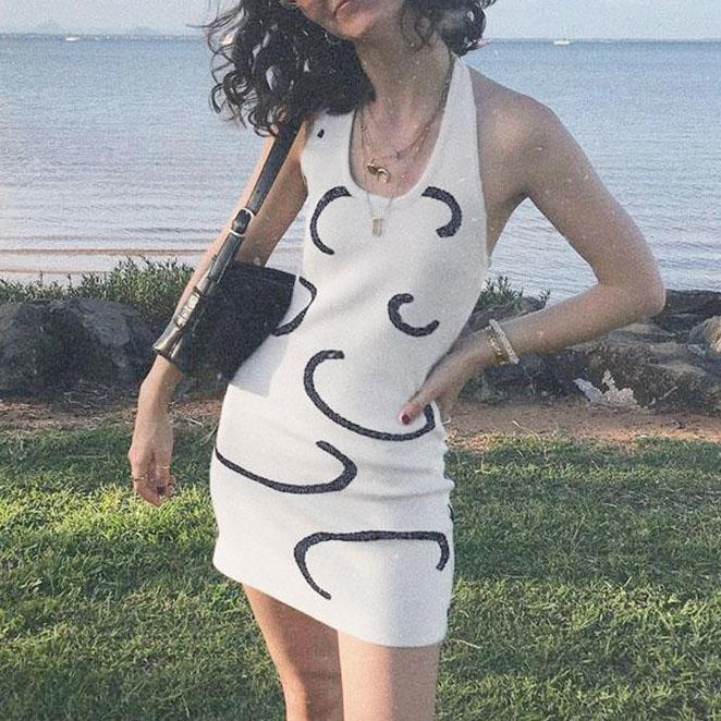 Female Summer Simple Wool Print Elegant Beach Dress Slim Wrap Hip Short Vintage Graceful Dress