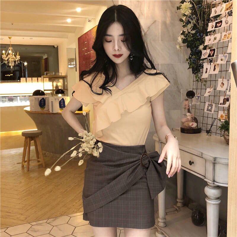 V-neck Top T-shirt Ruffled Comfortable Shirt Summer Korean Version Off Shoulder All-match Short-sleeved Tops Slim Thin Tops Women's Clothing