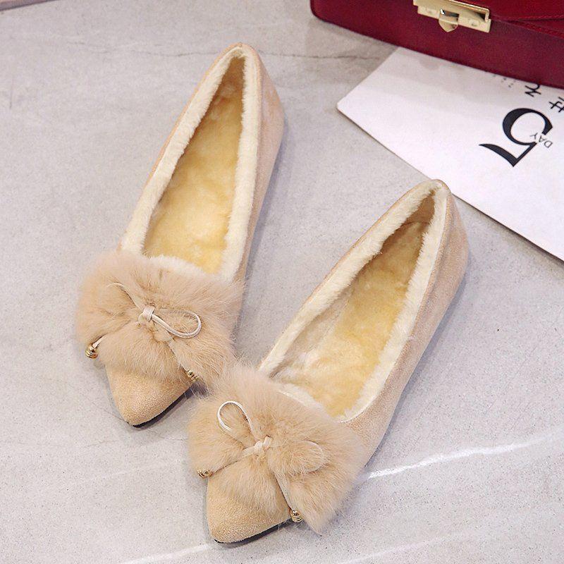 Temperament Plush Shoes Women Winter Moccasin Shoes All-match Autumn Flat Single Shoes Plus Velvet Pedal Peas Shoes