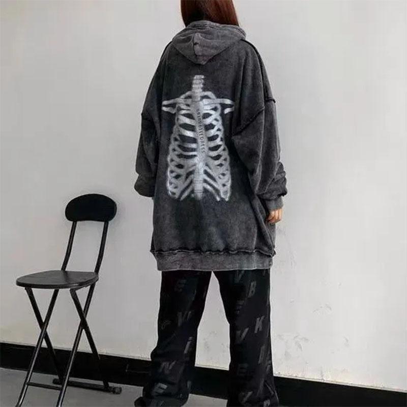 High Street Old Washed Bone Print Hooded Sweater Oversize Couple Sweater Hiphop Retro Casual Loose Long-sleeved Pullover Sweater Man and Women Top