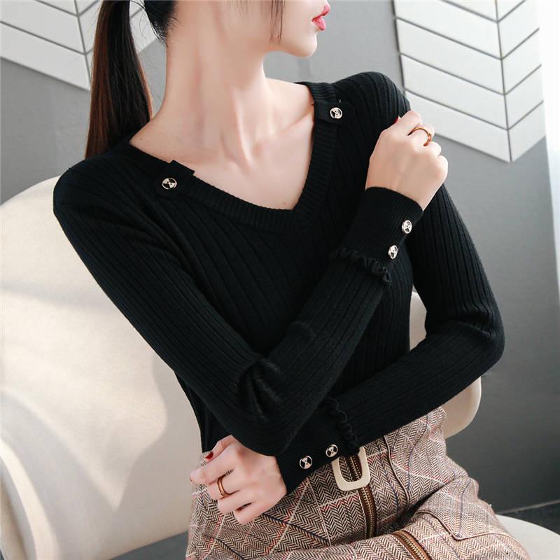 Women  Sweater Solid Slim V-Neck Warm Knitwear Winter Long Sleeve Turtleneck Top