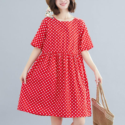 Summer Women's Polka Dot Short-sleeved Loose Mid-length Skirt Large Size Dress Loose Casual Covering Belly Thin Fabric Light and Breathable