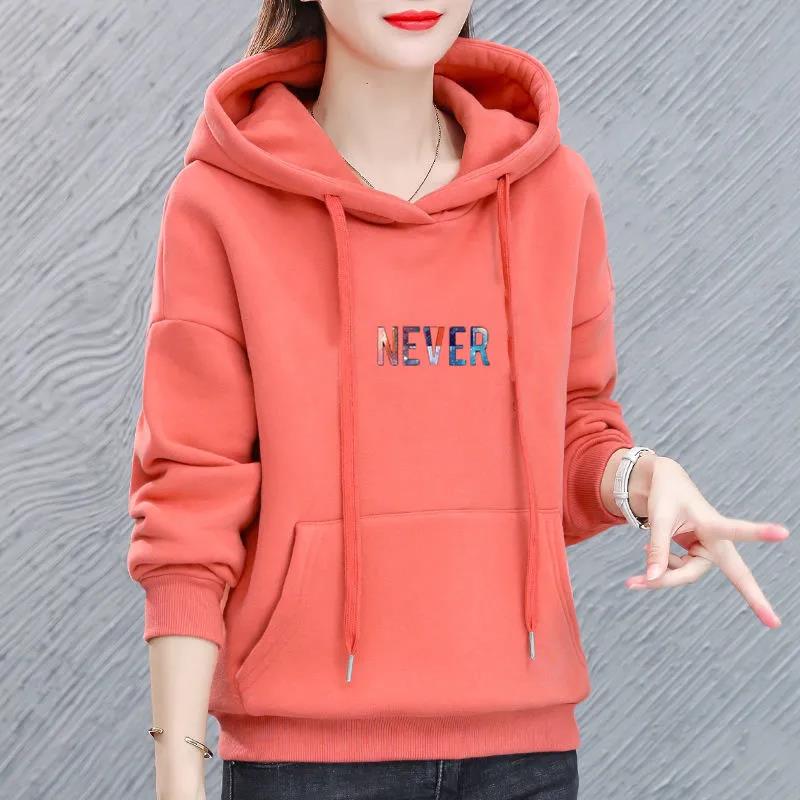 Women's Thickened Hoodies Women's Winter Warm Hoodies Solid Color Printed Mother's Slim Loose Versatile Tops