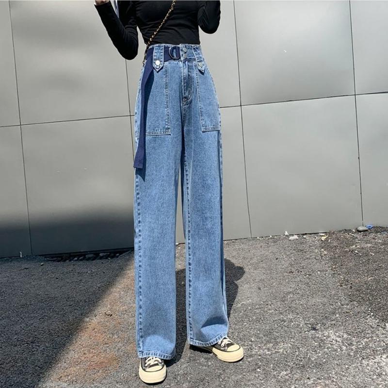 WTEMPO Double Breasted Adjustable Women's High Loose Casual Washed Denim Straight Long Wide Leg Pants