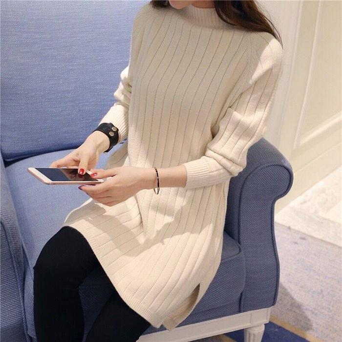 Women Round Collar Warm Pullover Sweater Dress Stripe Knitted Bottoming Shirt Knit Dress