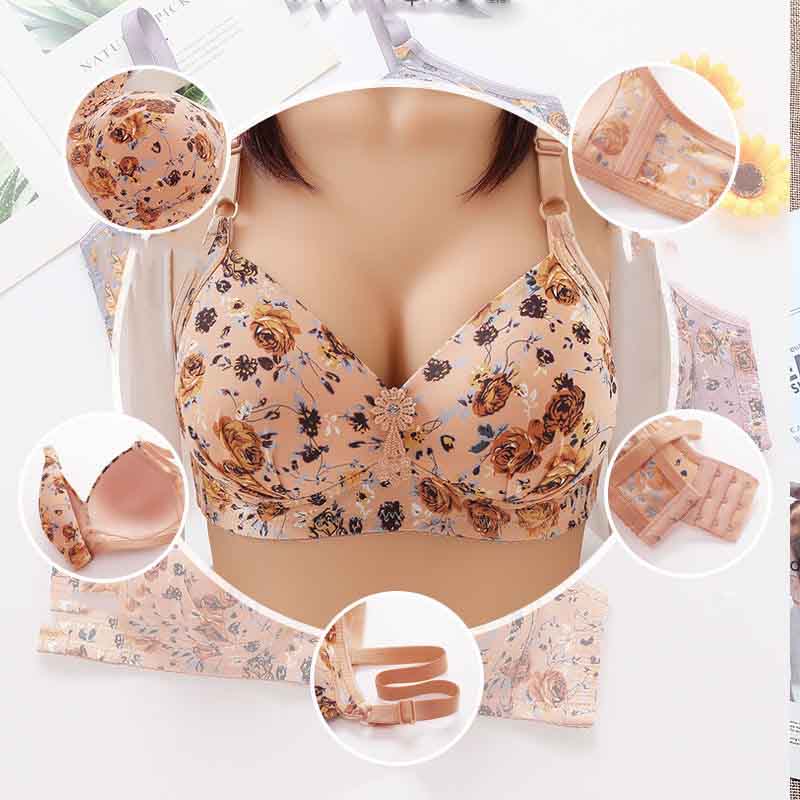 Peony Print Thin Large Size No Steel Ring Beautiful Back Bra Gather Side Breast Bras Anti-sagging Three-Row Three-Button Sexy Comfortable Bra