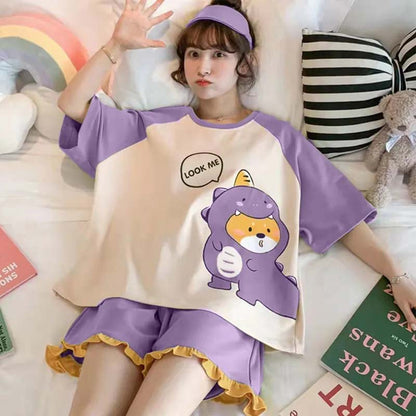 Women Cute Cartoon Pajamas Set Summer Short-sleeved T-shirt and Short Pants Print Outer Wear Homewear Ladies Sleeping Suit Casual Loose Pyjamas Set