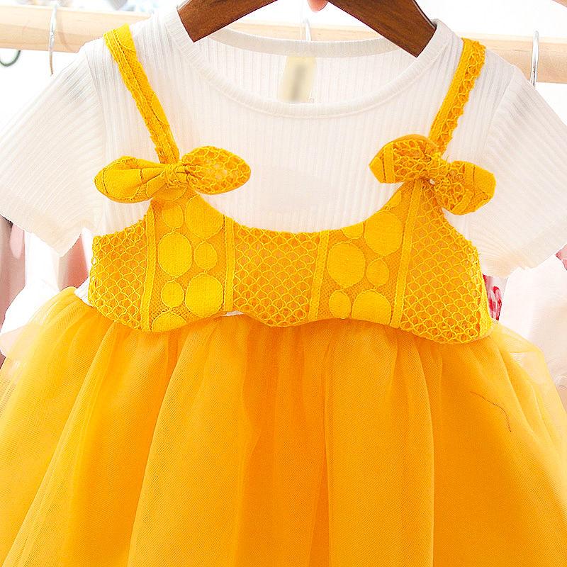 Children Dress Spring Summer O-neck Kids Clothing  Baby Girls Clothing Yarn Short Sleeve Dress Girl