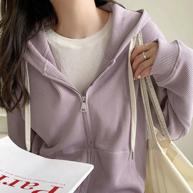 Schoolgirls Thin Long Sleeve Hooded Sweater Cardigan Jacket Waffle Sweater Ladies Zipper Jacket Top Casual Loose Coat