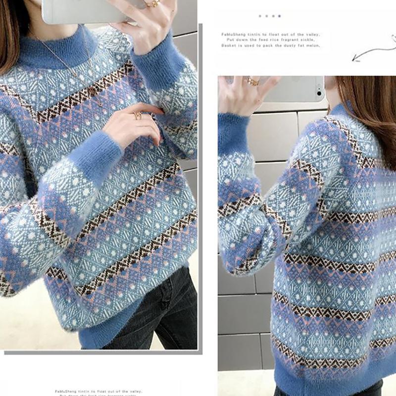 Color Thick Striped Sweater Autumn and Winter Loose Pullover Half High Neck Knitted Young Women's Top