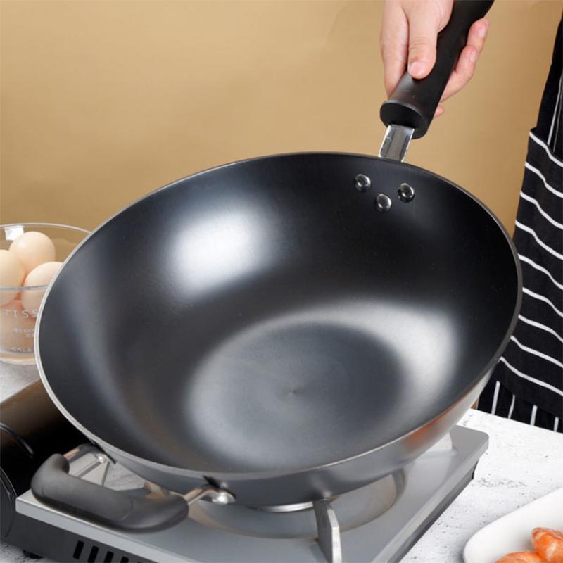 Real Stainless Cast Iron Wok Old-fashioned Iron Wok Uncoated Household Pig Iron Wok Pan Flat Bottom Gas Induction Cooker Universal