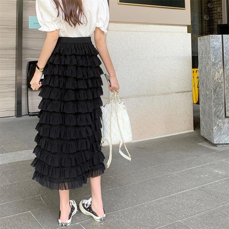 Women Tiered Skirts Summer Elegant Chiffon A-line Layered Skirt Female Elastic High Waist Preppy Style Dancing Long Skirts