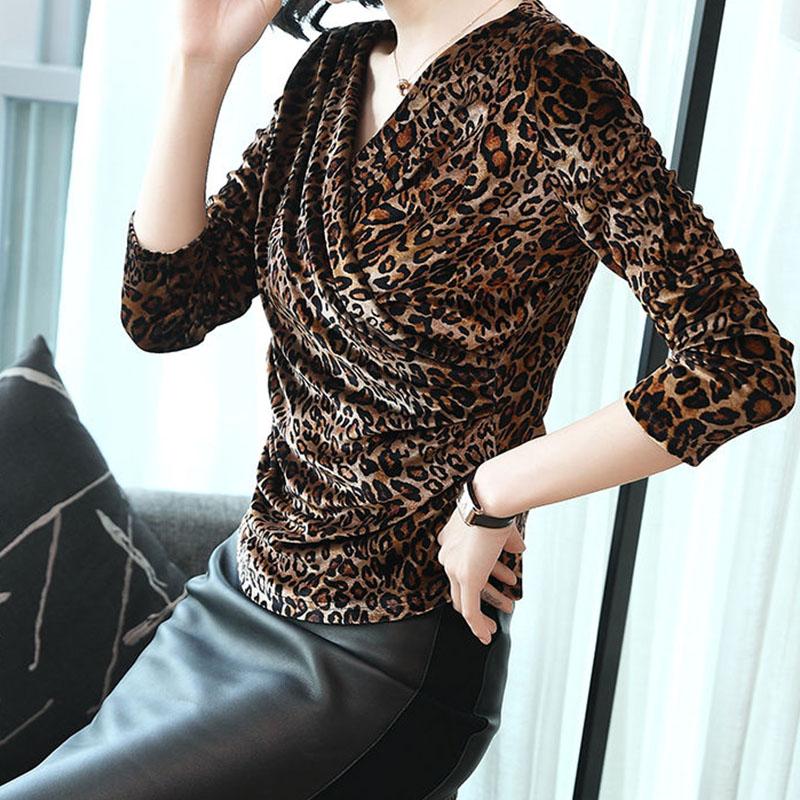 Women Elegant Golden velvet Blouse Front Cross Wrinkle Sexy Deep V-neck Long Sleeve Casual Tops Autumn  Pullover