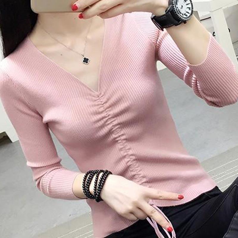 All-match Autumn and Winter V-neck Woolen Sweater Slim Slimming Long-sleeved Knitted Bottoming Shirt Top Pullover Sweater Women