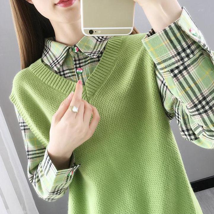 Women's Waistcoat Patchwork Knitted Tops Spring and Autumn Lapel Neck Large Size Tops Loose Casual Knitted Pullover