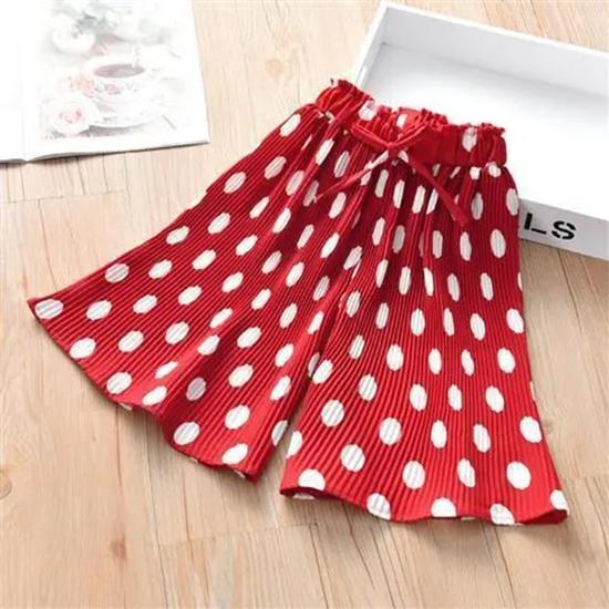 Girls Wide Leg Cropped Pants Summer Dress Polka Dot Pleated Anti-mosquito Casual Flared Pants