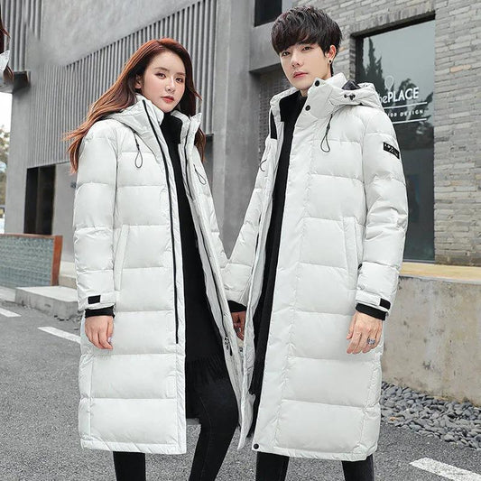 Men's and Women's Down Jackets Fashion Hooded Plus Velvet Thickening Warm White Duck Down Long Couple Down Jackets