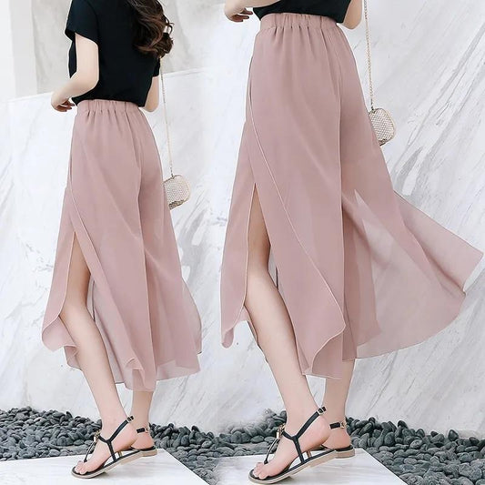 WTEMPO Ruffle Chiffon Skirt-like Wide-leg Pants Women Loose High Waist Ankle-Length Pants Trousers Cool and Breathable