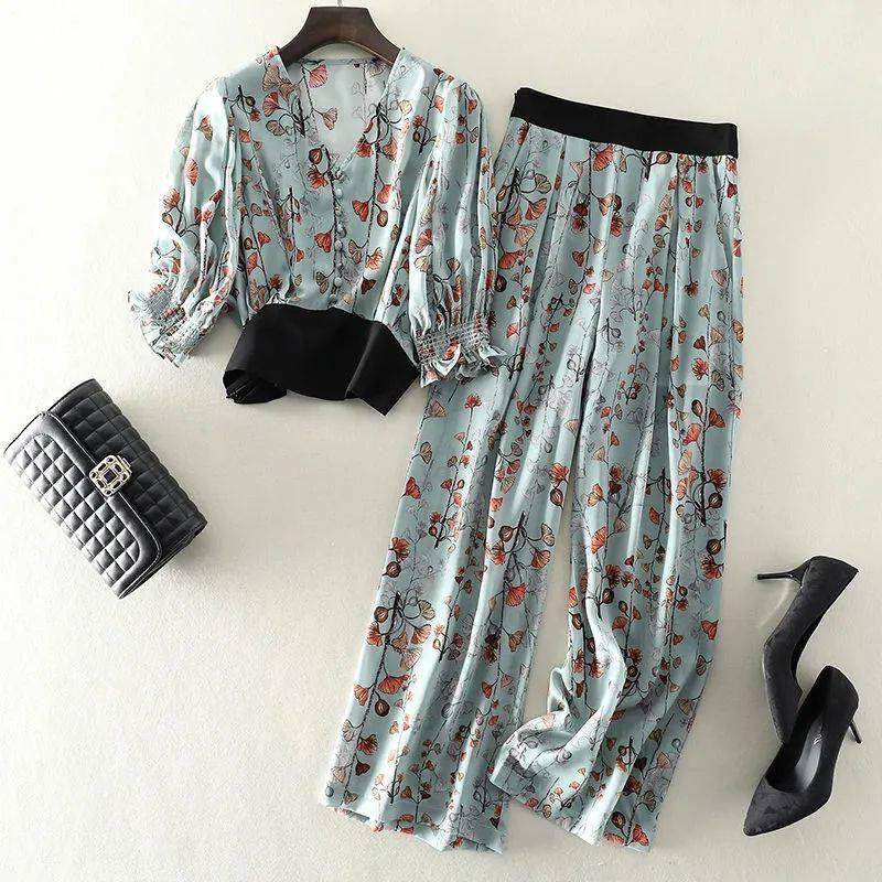 2PCS Women's Summer Suit Korean Version Loose Mother's Wide-leg Pants Two-piece Loose Cool Suit Ladies Floral Casual Sets