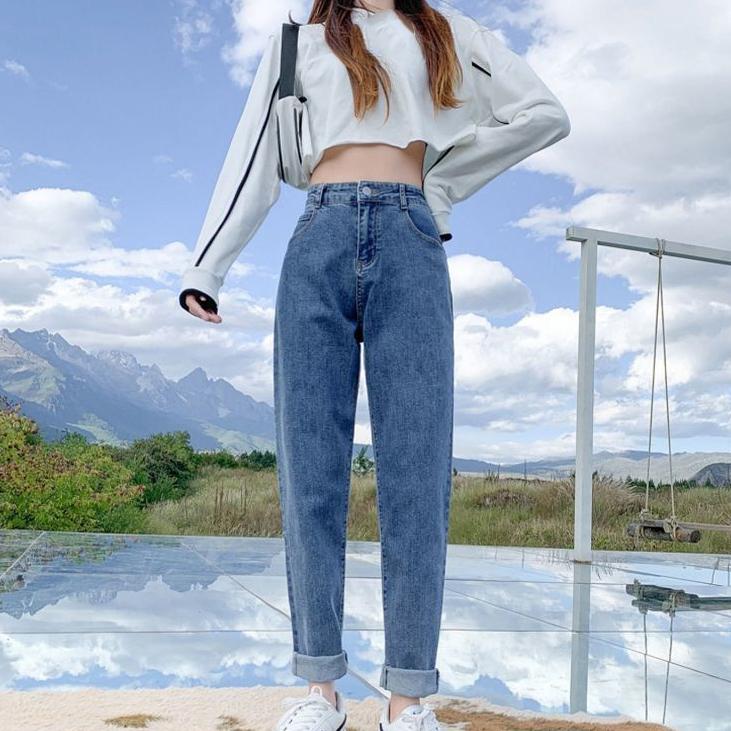 Women Spring and Summer Long Jeans High Waist Loose Solid Color Straight Haren Cropped Pants