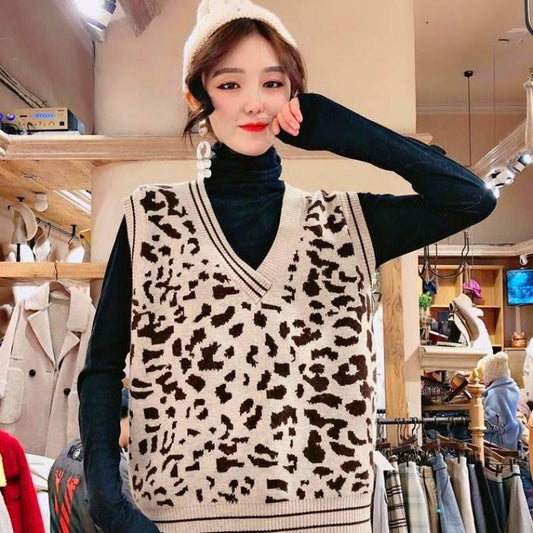 Leopard V-neck Sweater Vest Women's Loose Wild Pullover Knitted Sleeveless Sweater