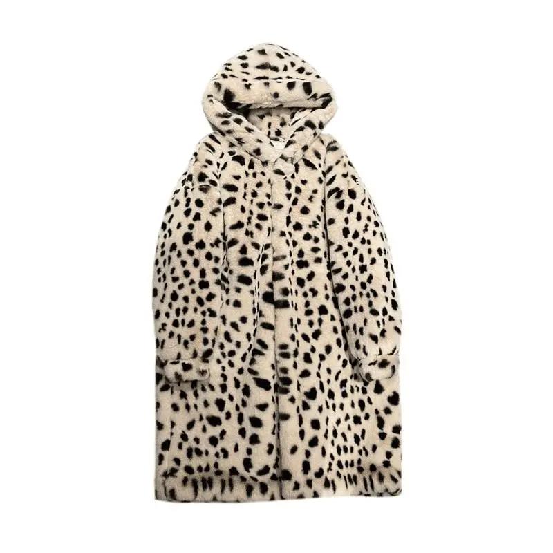 Faux Fur Jacket Winter Ladies Fashion Leopard Print Hooded Thick Warm Mid-length Fur Coat