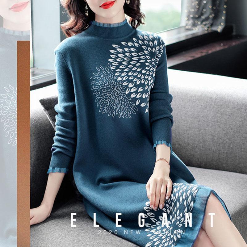 Half-high Neck Knitted Dress with Wooden Ears, Female Autumn and Winter Look Thin Temperament Long Sleeve Sweater Dress