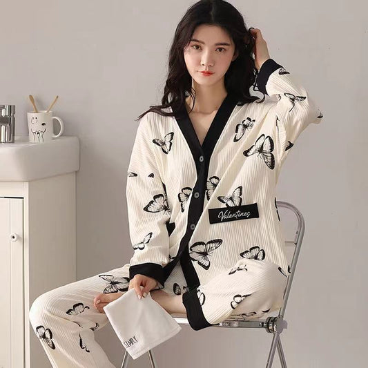 Pajamas Women Spring Autumn Sleepwear Solid Cotton Long Sleeve Cardigan Nightwear Kimono Simple Casual Loose Pajama V-neck Sexy Homewear