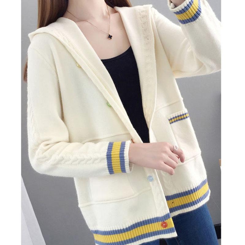 Spring and Autumn Knitted Cardigan Sweater Loose Hooded Large Size Top Short Color-blocking Women's Jacket