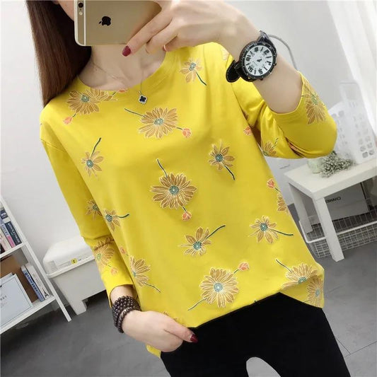 Spring and Autumn Printed Bottoming Shirt Women's Long-sleeved Mother T-shirt Loose Round Neck Top Women