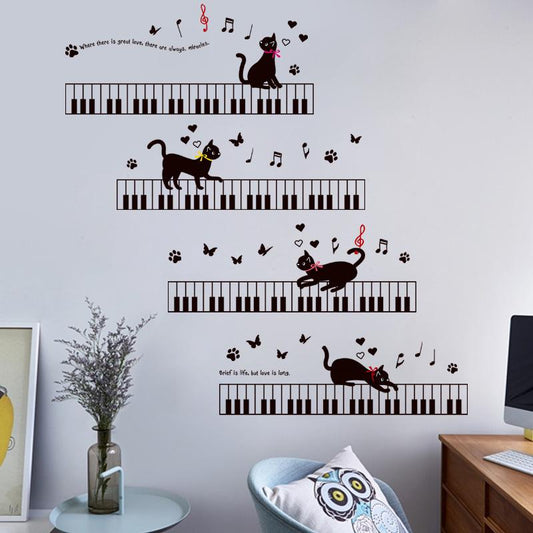 Cat child room bedroom kindergarten background wall stickers green mural on the piano music sticker