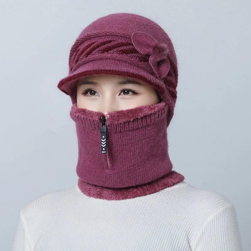 Women's Hat Bib One Piece Winter Warm Cycling To Keep Warm Artifact Mother Hat Zipper Fleece Facial Mask Caps Female Floral Knitted Scarf Hat Set