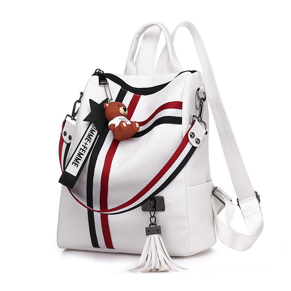 Fashion Cartoon School Bag Female PU Leather Travel Bag Gril's Stripe Pendant Backpack