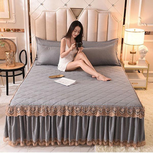 3pcs/set Autumn and Winter Thick Cotton Quilted Lace Bed Skirt Three-piece Set Non-slip Bedspread Pillowcase Three-piece Set