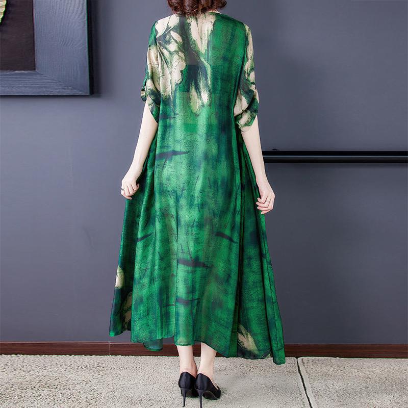 Spring and Summer Literary Temperament High-end Dress Women's Large Size Loose and Thin Covering Belly Printing Irregular