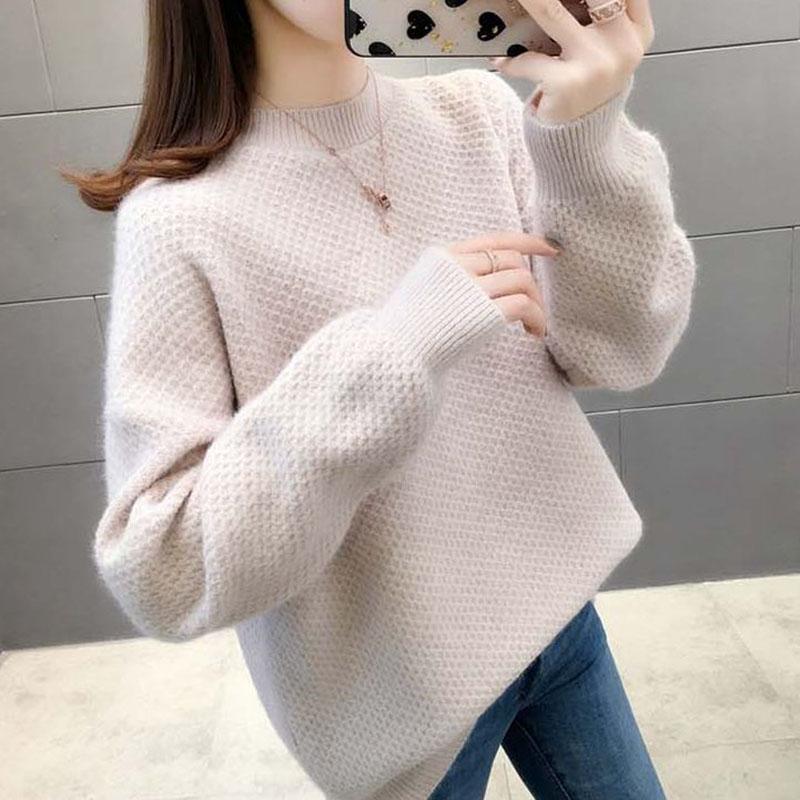 Autumn and Winter Loose Sweater Thick Korean Knit Jacket Half High Collar Casual Girl Student's Top