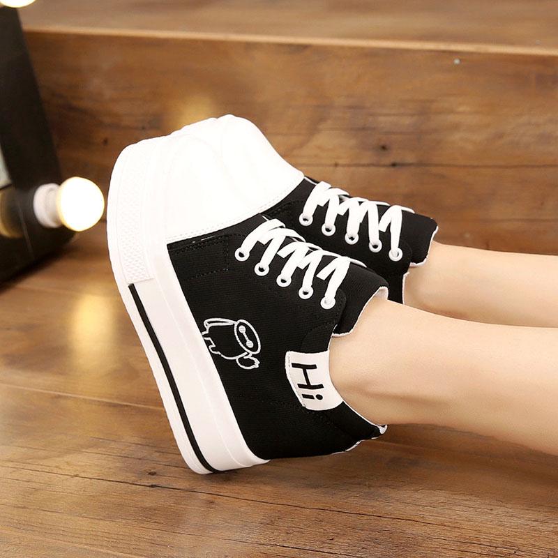 Women's  Canvas Shoes Wedges Heel Thick Bottom Increased Casual Shoes High-heeled Platform Lace Up Wedge Sneakers