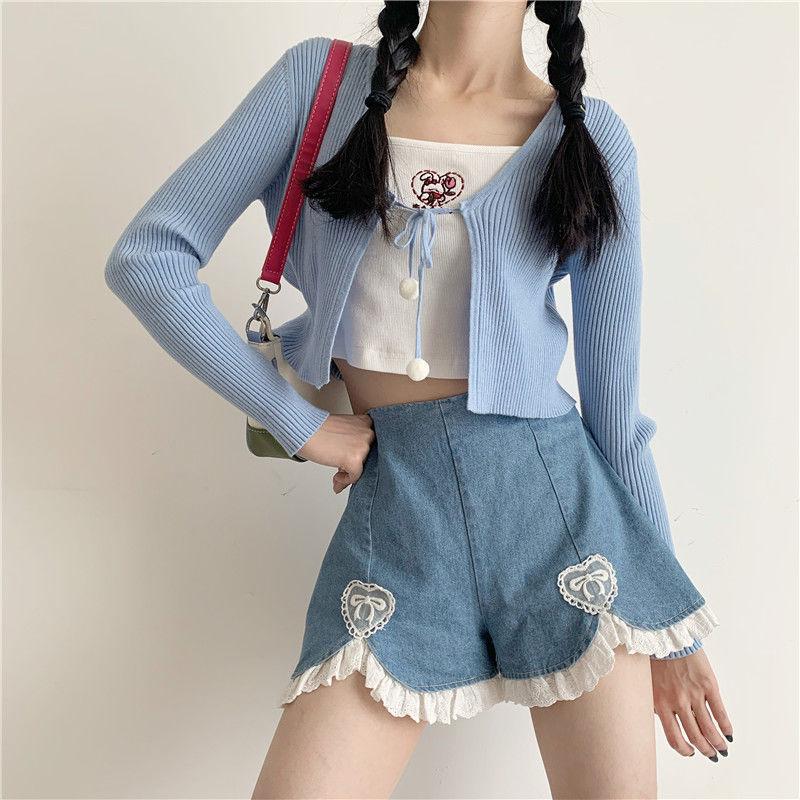 WTEMPO Lace High Waist Denim Shorts Women Student Loose Spring and Summer Wide Leg A-line Thin Casual Shorts