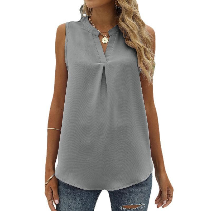 European and American Shirt Women's Spring and Summer Solid Color Chiffon Shirt Loose V-neck Pullover Sleeveless Top Vest