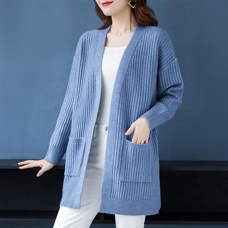 Autumn and Winter Cardigan Sweater Loose Casual Mid-length Top Clothes Solid Color Knitted Female Jacket