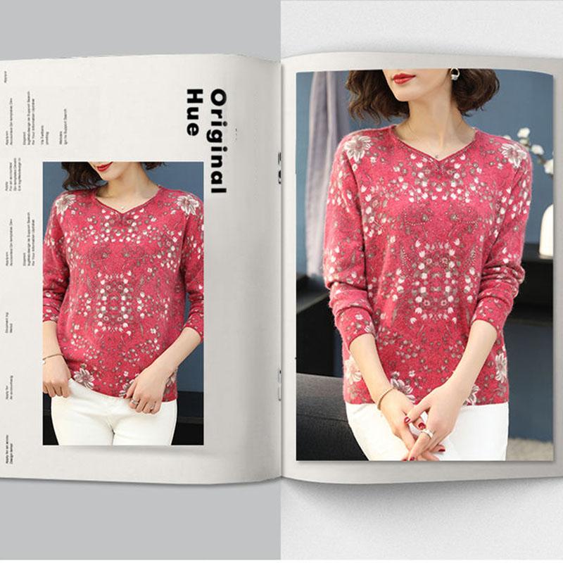 Bohemian Women Short Printed Woollen Sweater Female Rhinestone Soft Sweater  V-neck Jumper Knit Pullover Outwear