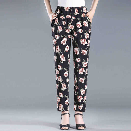 Women's Loose Printed Summer Casual Pants Large Size Straight Pants Thin Breathable Vintage Cropped Pants