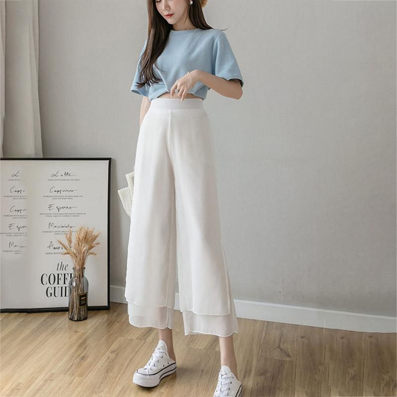 WTEMPO Solid Color Chiffon Wide-leg Pants Women Ruffle Loose High Waist Ankle-Length Pants Trousers Cool and Breathable