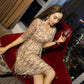 Women V-neck Sequins Sexy Voile Dress Elegant Short Lace Up Bandage Hollow Tassels Ruffles Dress