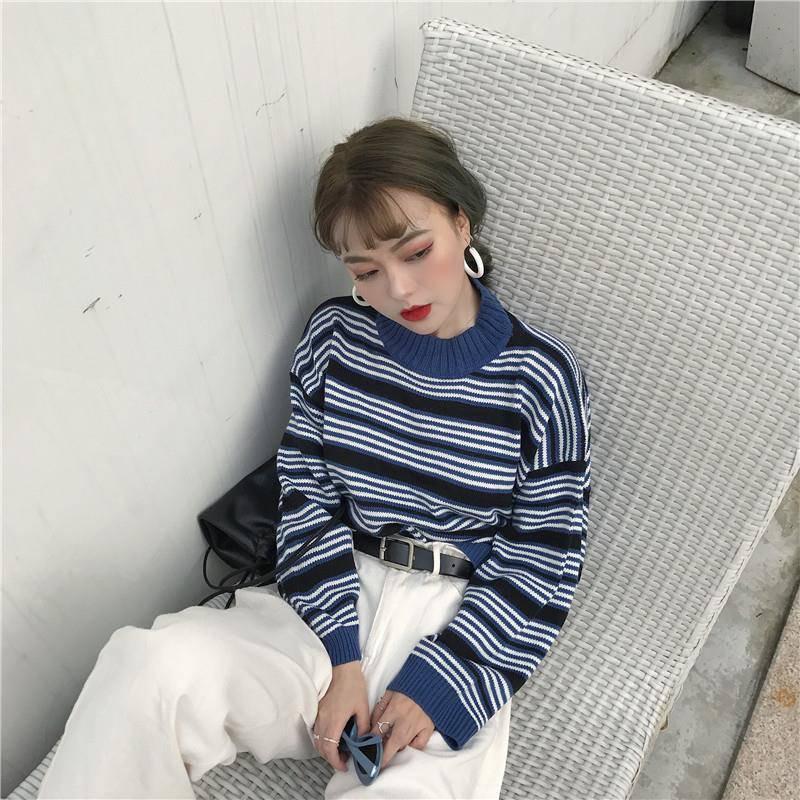 Pofulove Autumn Winter Striped Retro Sweater Short Loose Wild bf Harajuku Style Sweater Women