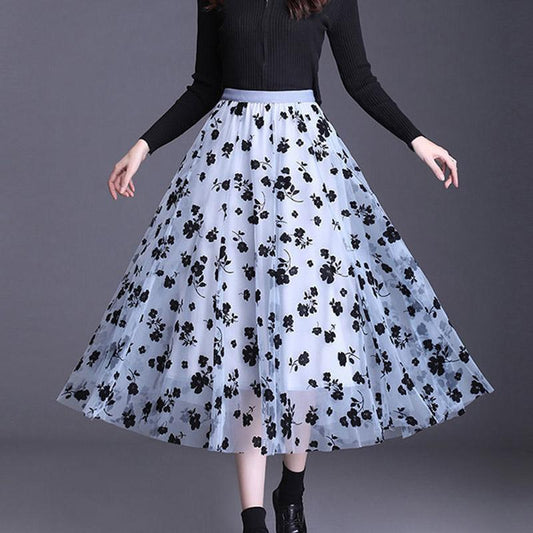 Mesh Floral Skirt Women's Spring/Summer High Waist Mid-Length A-Line Pleated Skirt